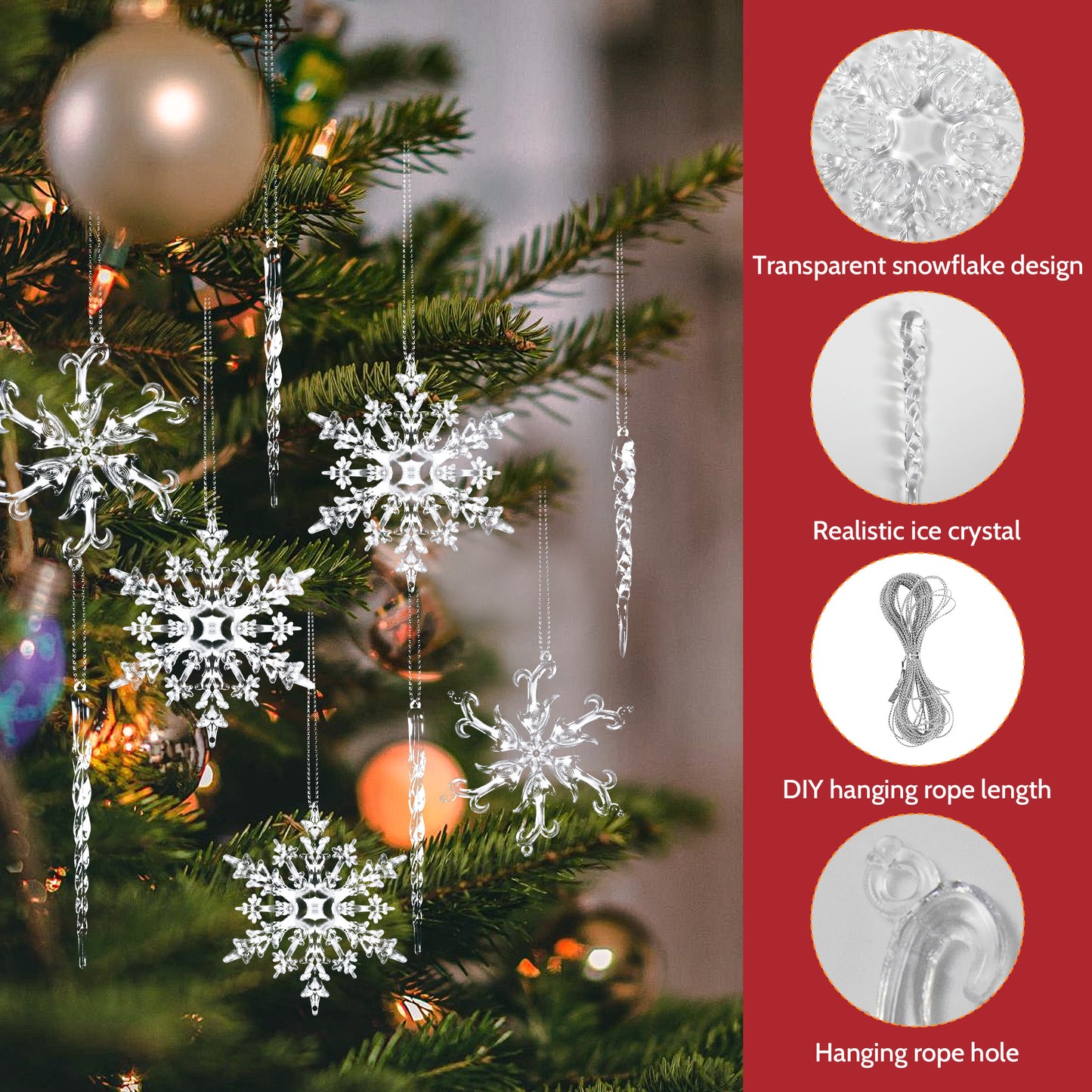 36 Pcs Christmas Tree Crystal Ornaments, Hanging Acrylic Navidad Snowflake Icicle Pendant Crystal Decorations for Holiday Decor, New Year Party