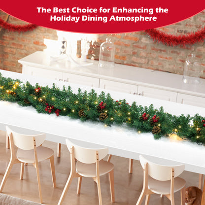 9ft Large Christmas Garland, Multi-Purpose Xmas Wreath with 60 LED Lights, Decorated with Pinecones, Berry Clusters, Battery Operated