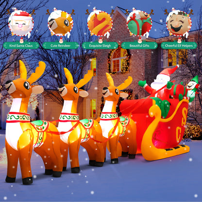 10ft Christmas Inflatable Santa Claus On Sleigh With 3 Reindeer Outdoor Lights Decor for Holiday Decoration, Xmas Party, Yard, Garden and Lawn