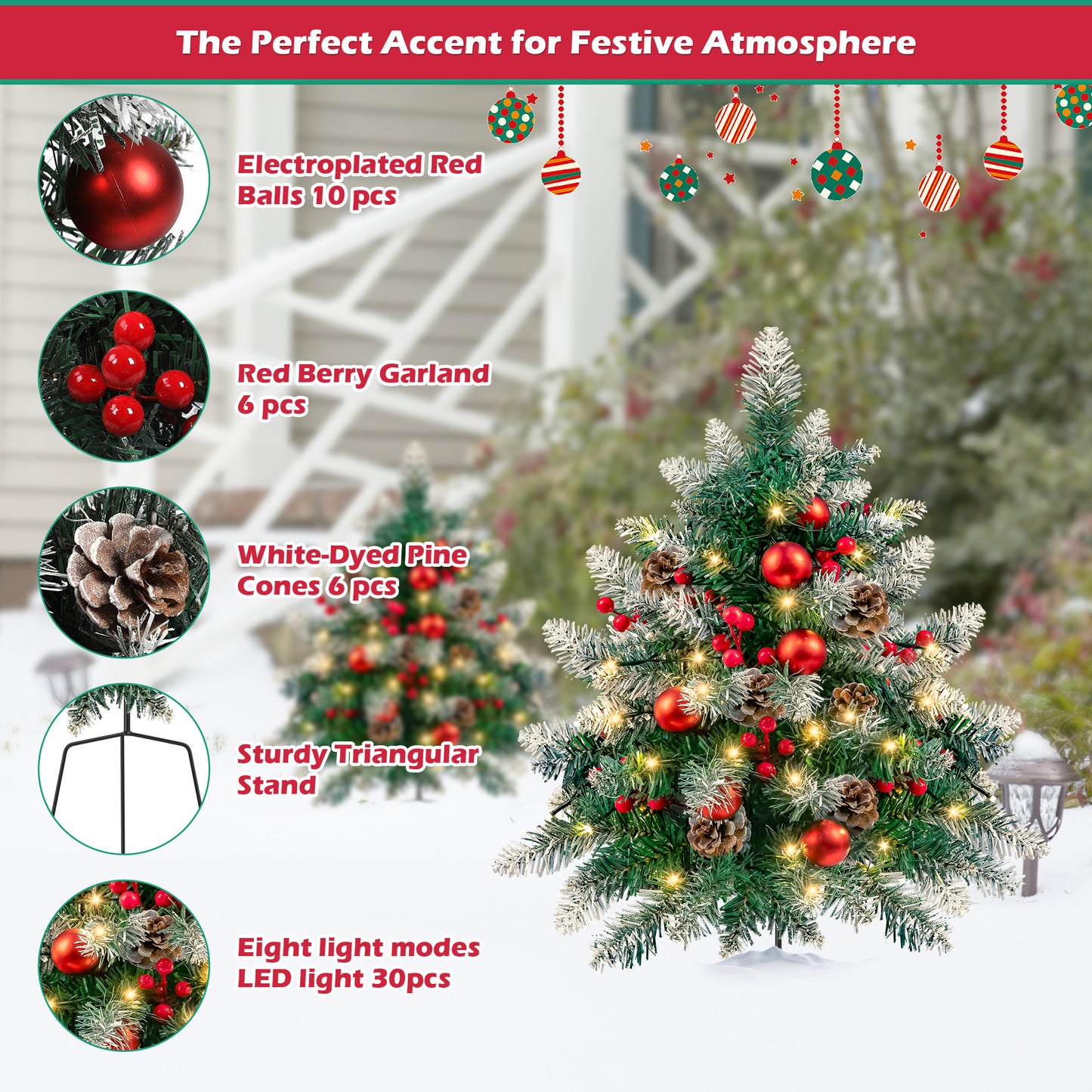 2PCS Small Outdoor Christmas Trees with LED Lights,30" Artificial Xmas Decora for Porch,Yard,Pathway,Garden,PVC