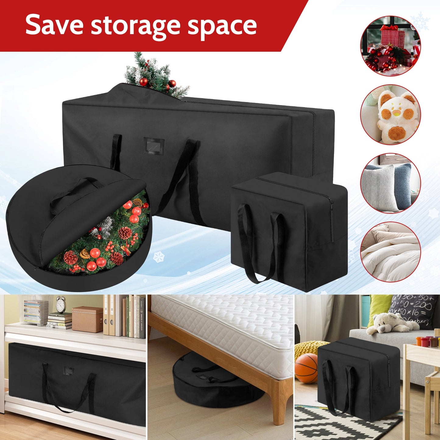 3 Pack Large Christmas Tree Storage Bag,Fits UP to 7.5 ft Artificial Trees,Christmas Wreath Garland Storage Bag,Christmas Ornament Storage Box,Reinforced Handles & Zipper,Black
