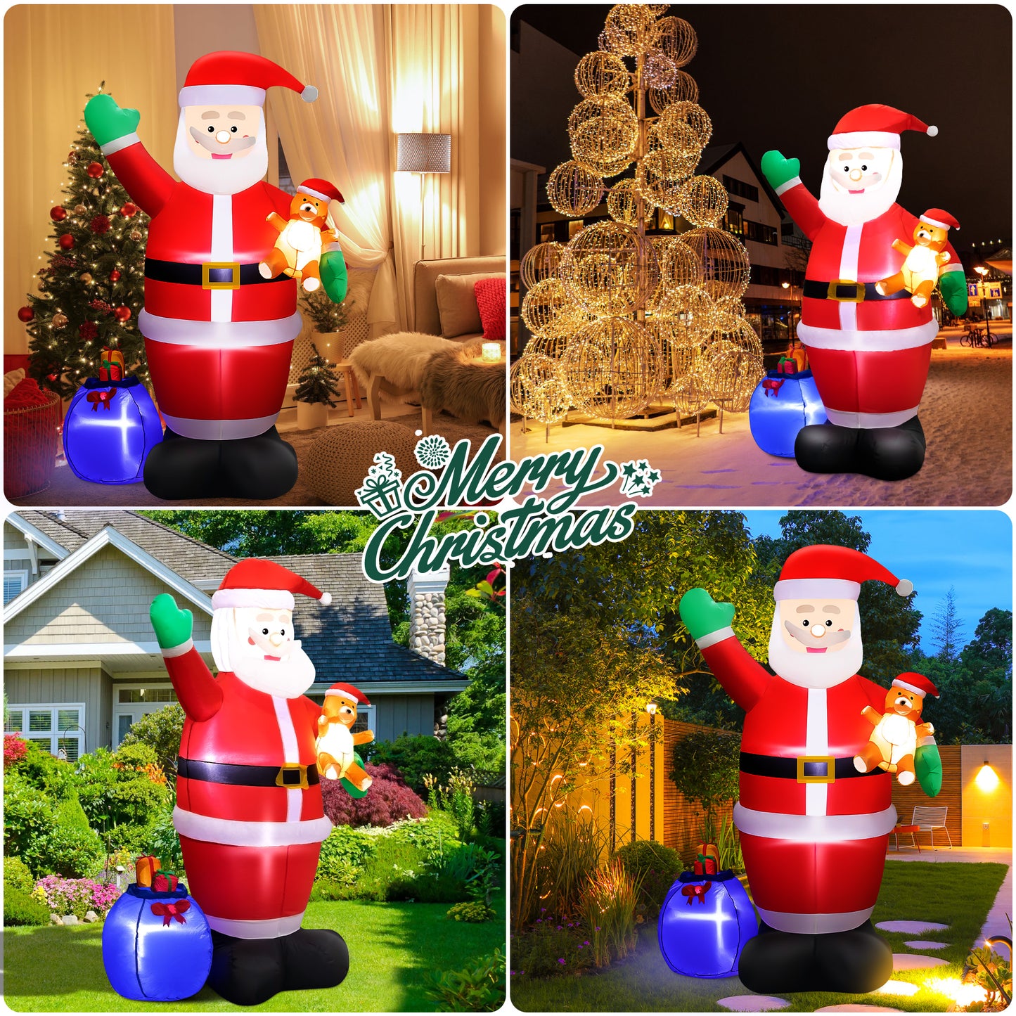 7ft Christmas Inflatable Santa Claus Outdoor Decor with Gift Bag and Bear Large Blow Up Santa with LED Lights for Yard,Garden,Lawn