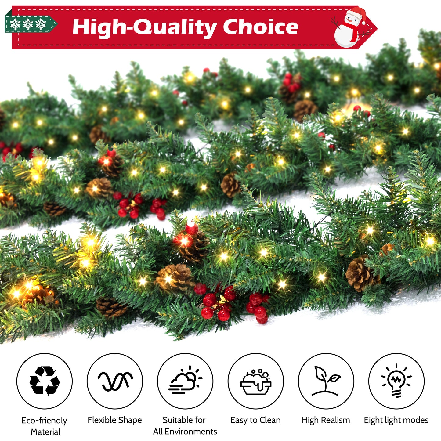 9ft Large Christmas Garland, Multi-Purpose Xmas Wreath with 60 LED Lights, Decorated with Pinecones, Berry Clusters, Battery Operated