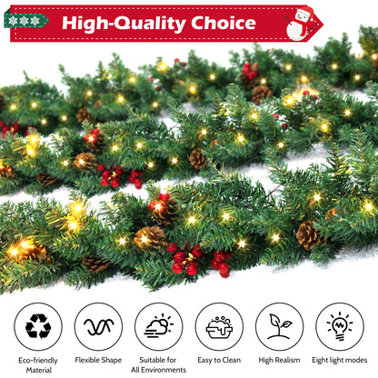 9ft Large Christmas Garland, Multi-Purpose Xmas Wreath with 60 LED Lights, Decorated with Pinecones, Berry Clusters, Battery Operated