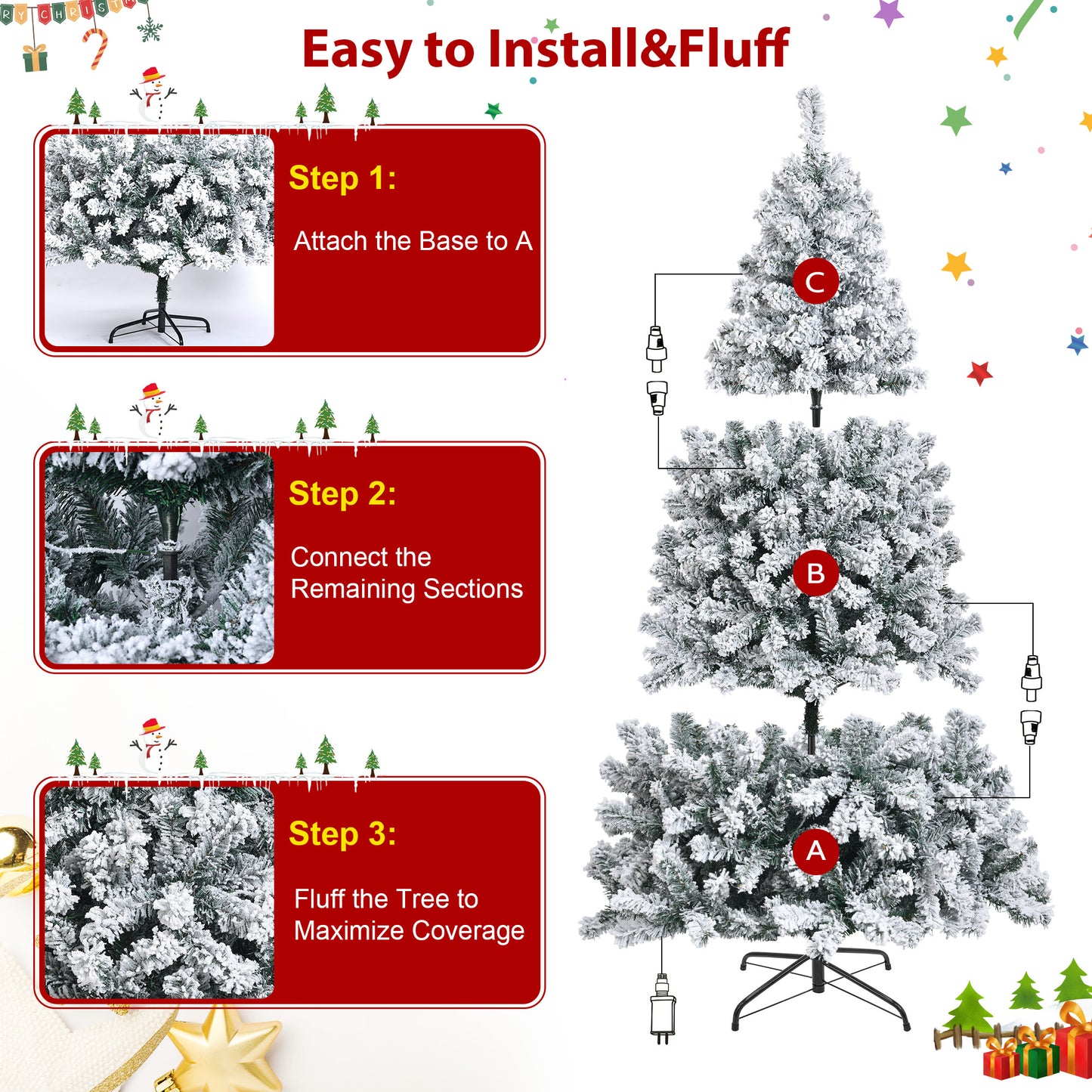 7.5ft Prelit Snow Flocked Christmas Tree,8 Modes LED Lights,Artificial Xmas Tree with Large Storage Bag