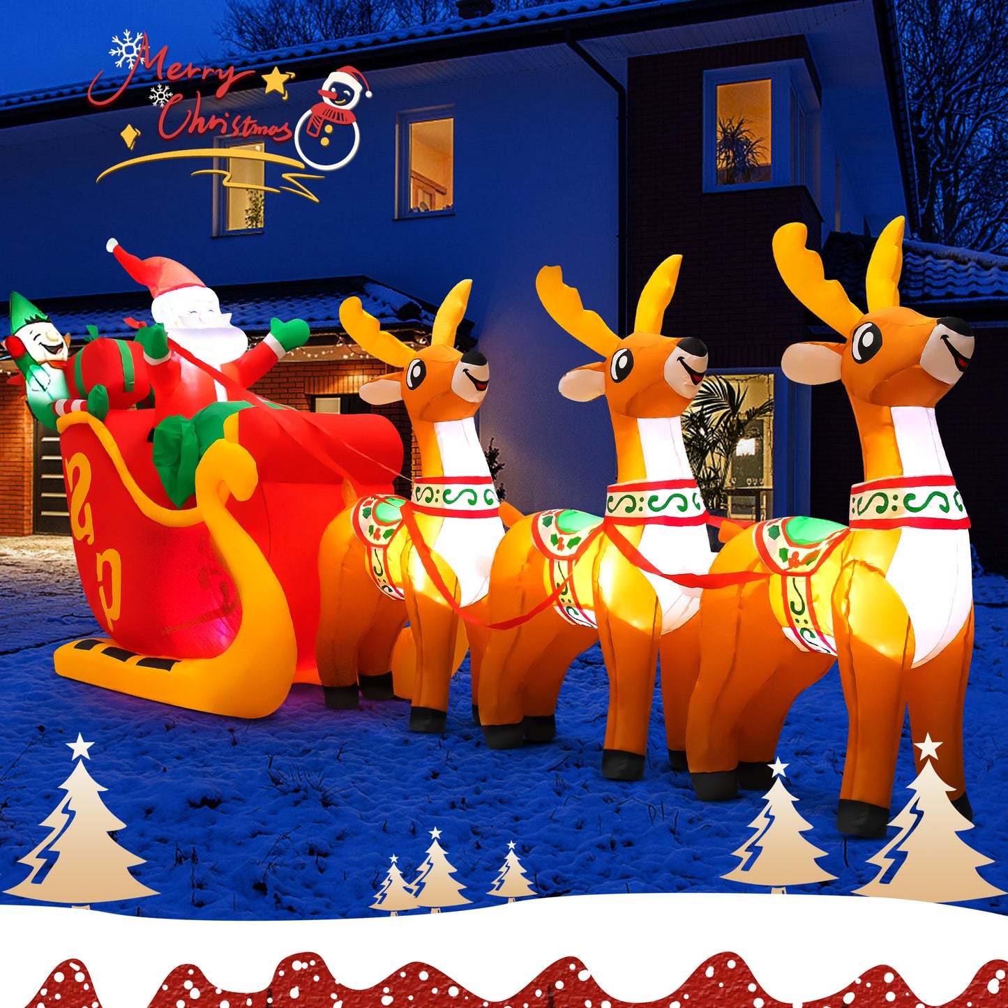 10ft Christmas Inflatable Santa Claus On Sleigh With 3 Reindeer Outdoor Lights Decor for Holiday Decoration, Xmas Party, Yard, Garden and Lawn