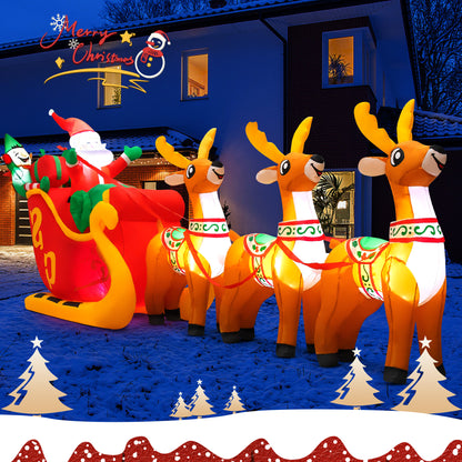 10ft Christmas Inflatable Santa Claus On Sleigh With 3 Reindeer Outdoor Lights Decor for Holiday Decoration, Xmas Party, Yard, Garden and Lawn