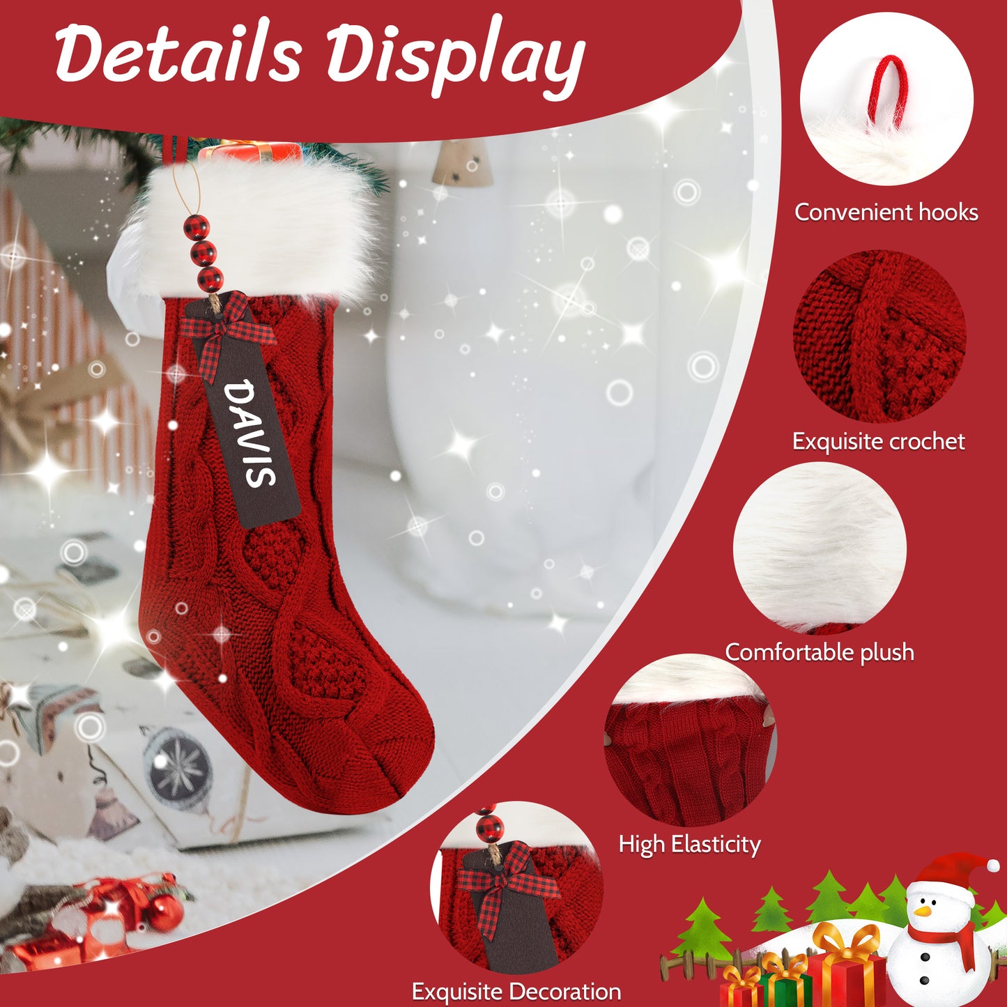 6-Pack Christmas Stockings, 18" Personalized Xmas Stockings, Large Knitted Stockings for Holiday Party Decor Burgundy, lvory, Green