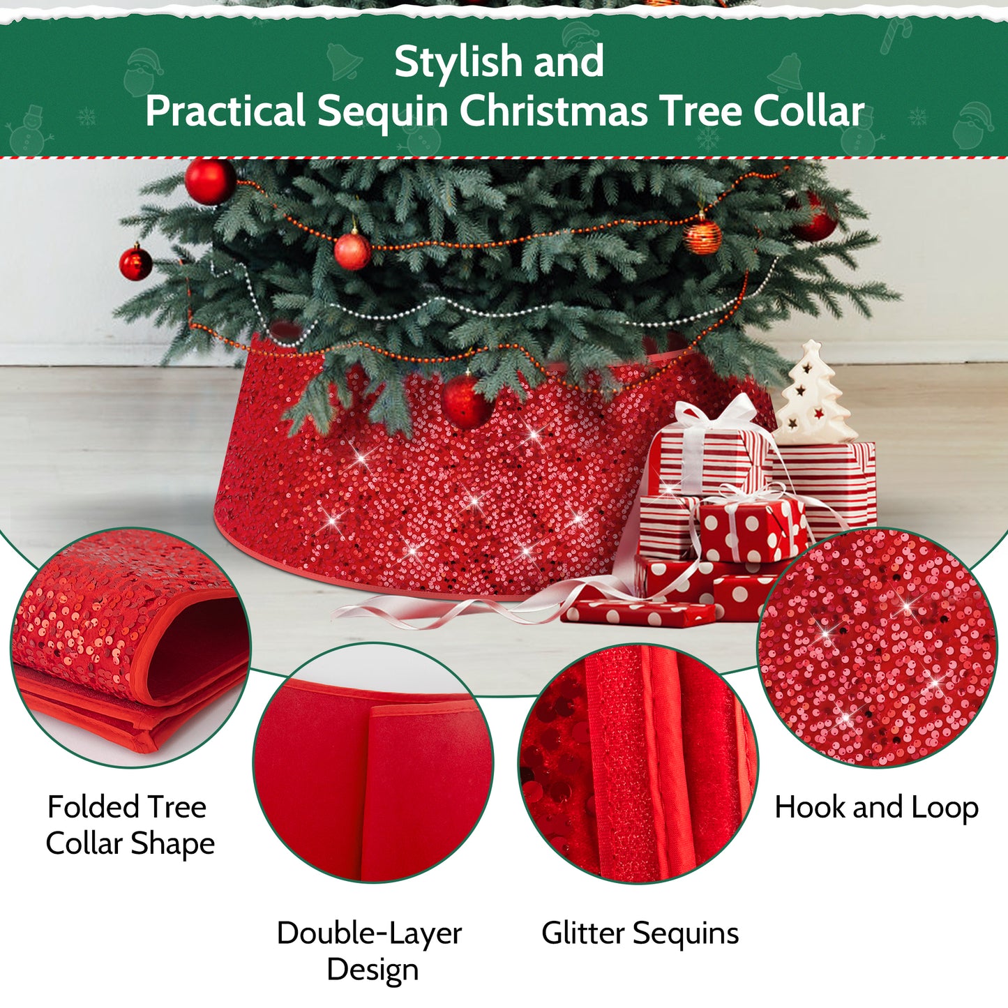 34" Sequin Christmas Tree Collar,Tree Bottom Base,Foldable Bottom Decoration for Christmas Holiday,Red