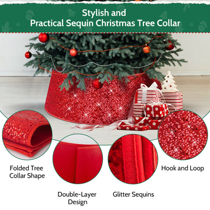 34" Sequin Christmas Tree Collar,Tree Bottom Base,Foldable Bottom Decoration for Christmas Holiday,Red
