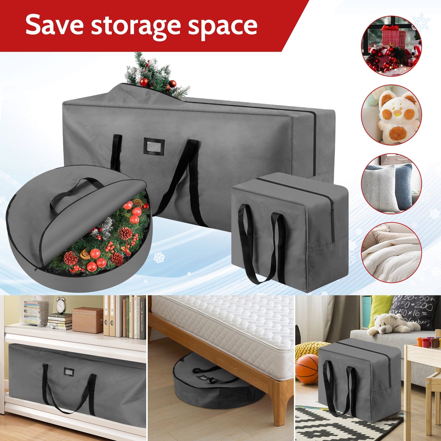 3 Pack Large Christmas Tree Storage Bag,Fits UP to 7.5 ft Artificial Trees,Christmas Wreath Garland Storage Bag,Christmas Ornament Storage Box,Reinforced Handles & Zipper,Gray