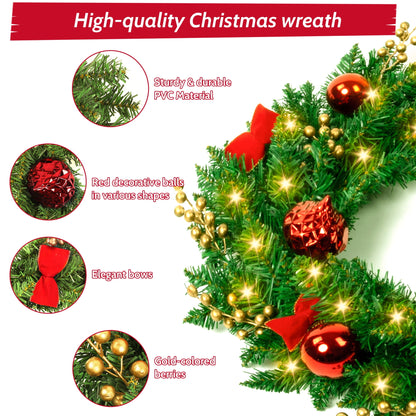 Christmas Wreath, 24" Christmas Wreath for Front Door,Outdoor Christmas Wreath,Battery Powered Christmas Decorations with Lights & Ornament