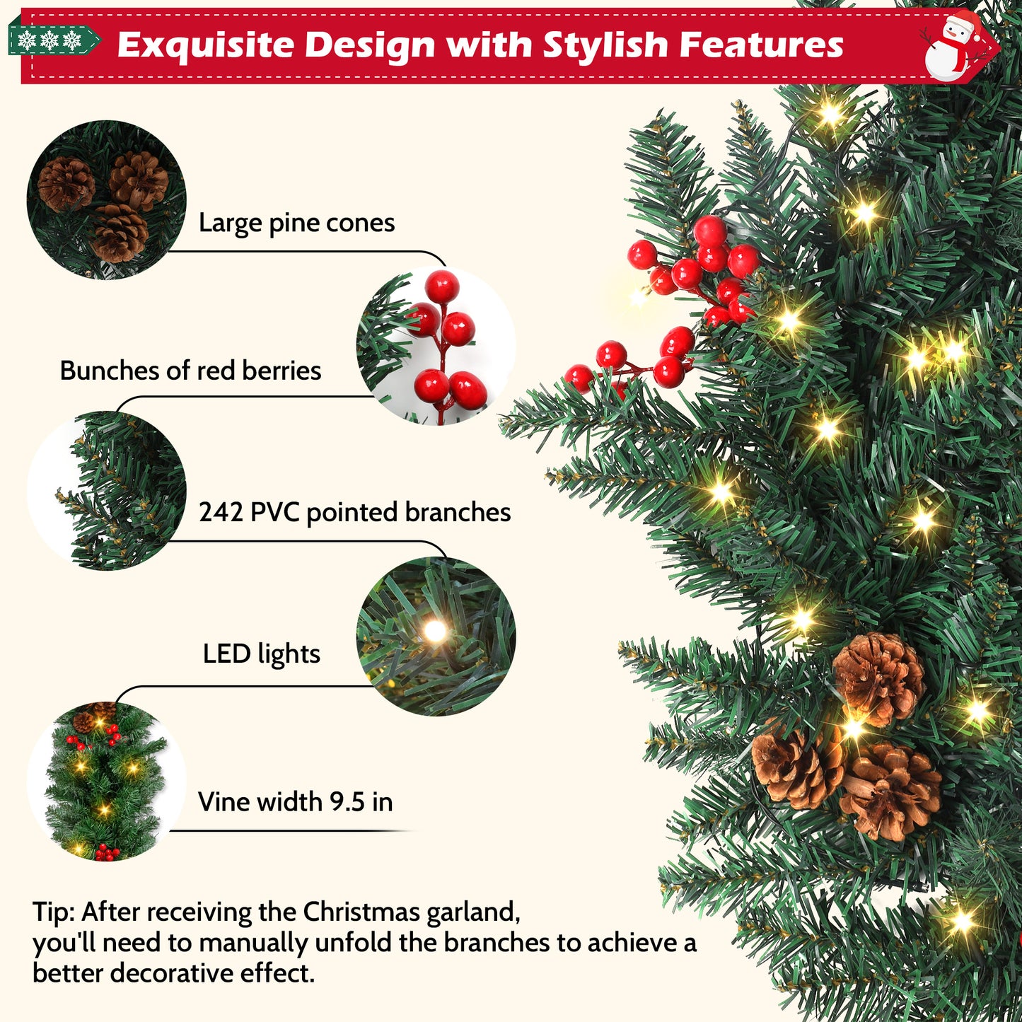 9ft Large Christmas Garland, Multi-Purpose Xmas Wreath with 60 LED Lights, Decorated with Pinecones, Berry Clusters, Battery Operated