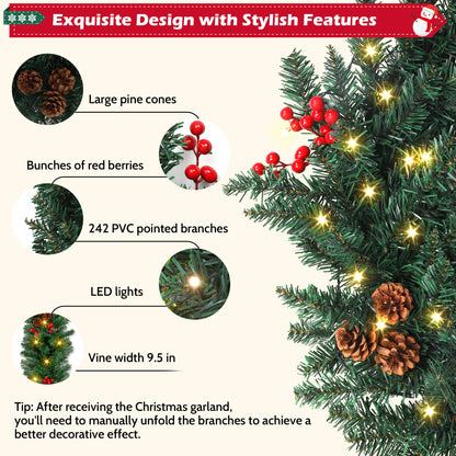 9ft Large Christmas Garland, Multi-Purpose Xmas Wreath with 60 LED Lights, Decorated with Pinecones, Berry Clusters, Battery Operated