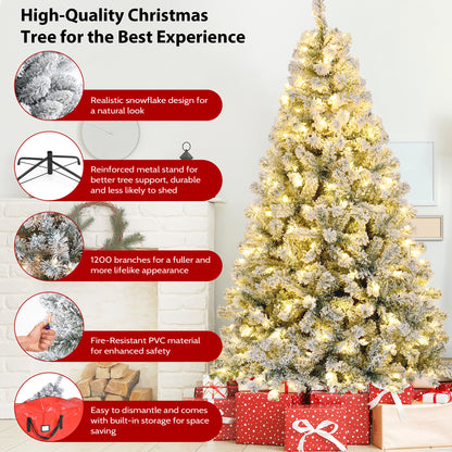 7.5ft Prelit Snow Flocked Christmas Tree,8 Modes LED Lights,Artificial Xmas Tree with Large Storage Bag