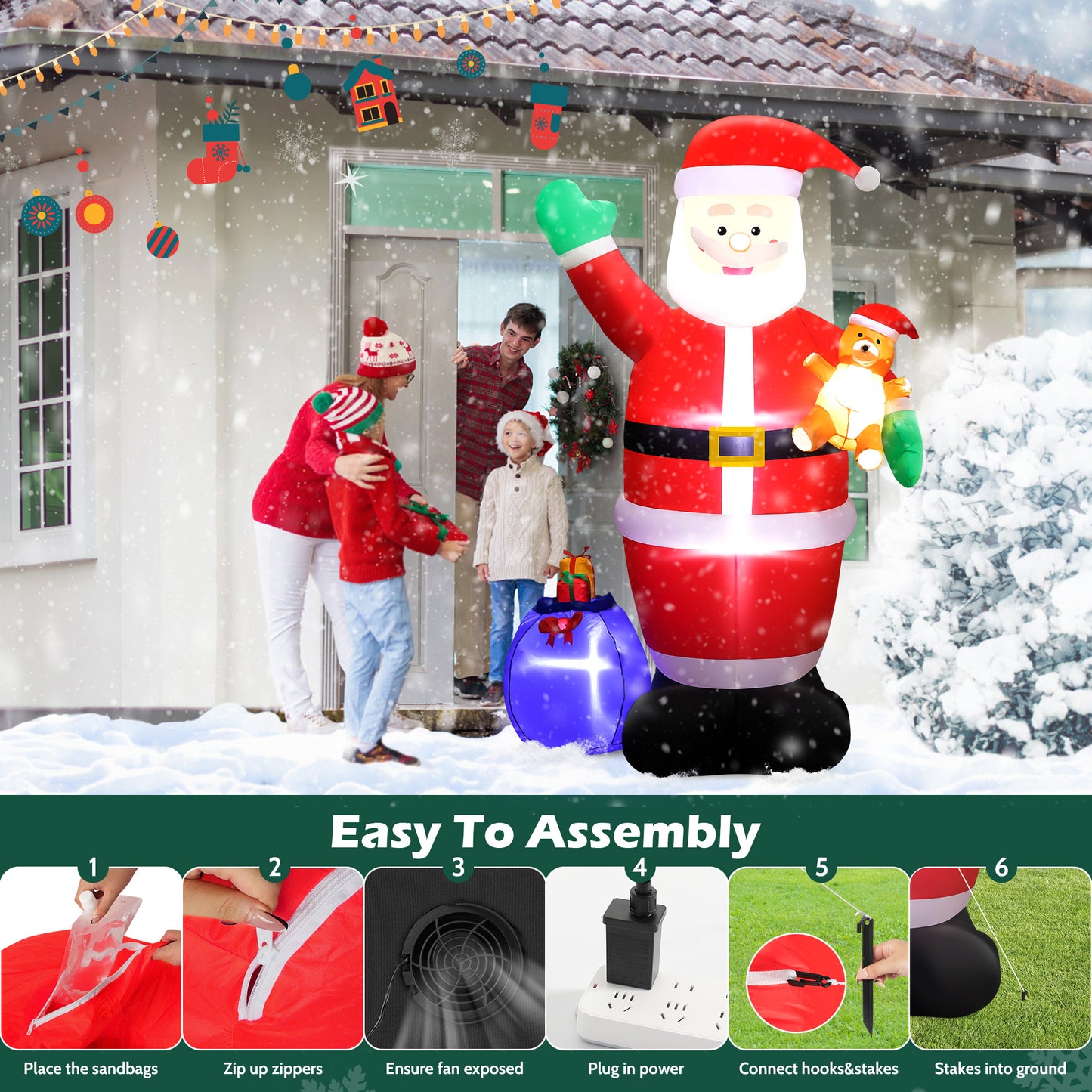 7ft Christmas Inflatable Santa Claus Outdoor Decor with Gift Bag and Bear Large Blow Up Santa with LED Lights for Yard,Garden,Lawn