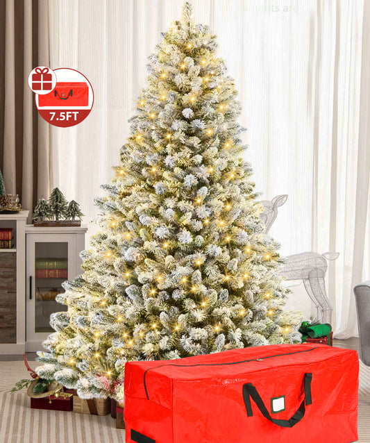 7.5ft Prelit Snow Flocked Christmas Tree,8 Modes LED Lights,Artificial Xmas Tree with Large Storage Bag