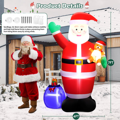 7ft Christmas Inflatable Santa Claus Outdoor Decor with Gift Bag and Bear Large Blow Up Santa with LED Lights for Yard,Garden,Lawn