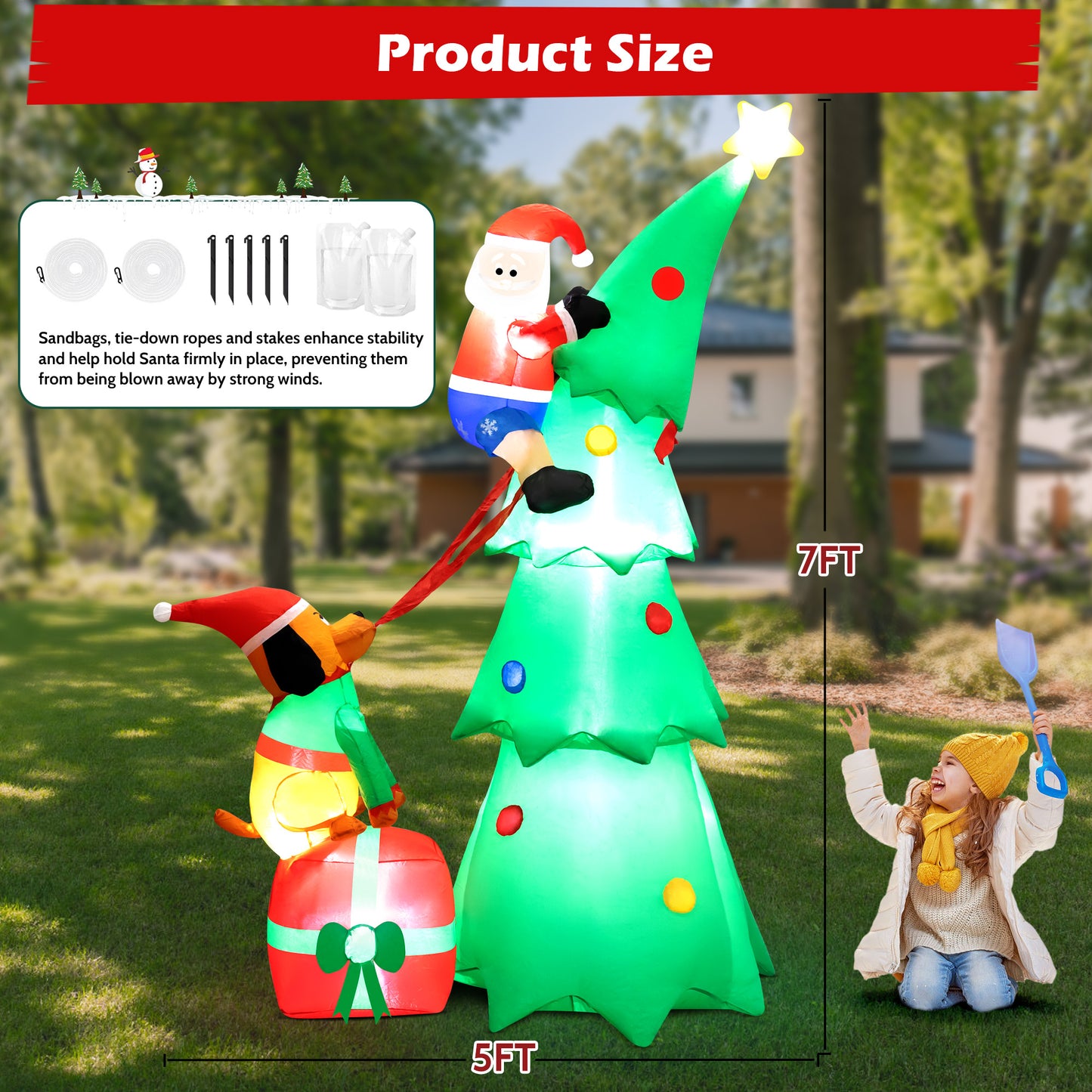 7.2ft Large Outdoor Christmas Inflatable Tree with Santa Claus and Dog,Built-in LED Lights,Fun Blow Up Xmas Decor Suitable for Yard,Garden,Lawn