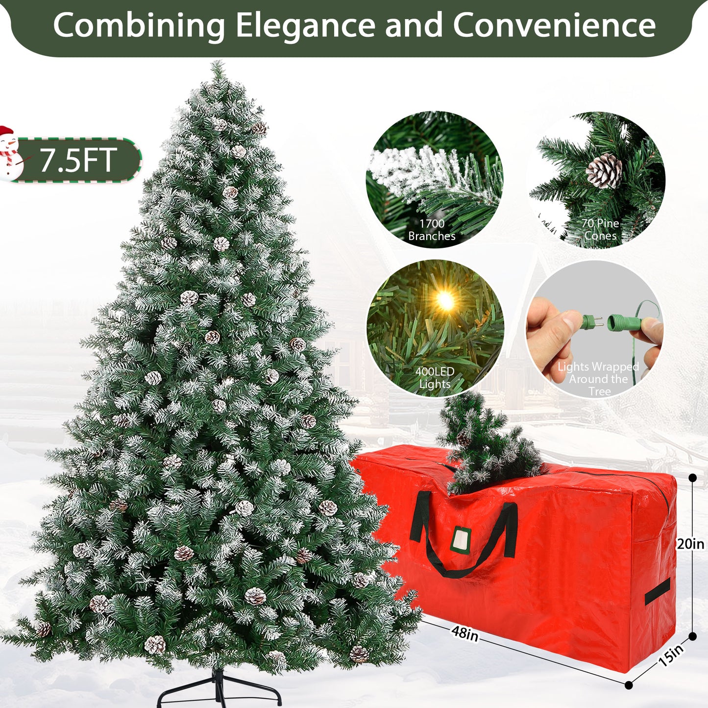 7.5ft Prelit Christmas Pine Tree, 8 Modes LED Lights, Artificial Spruce Xmas Tree with Large Storage Bag