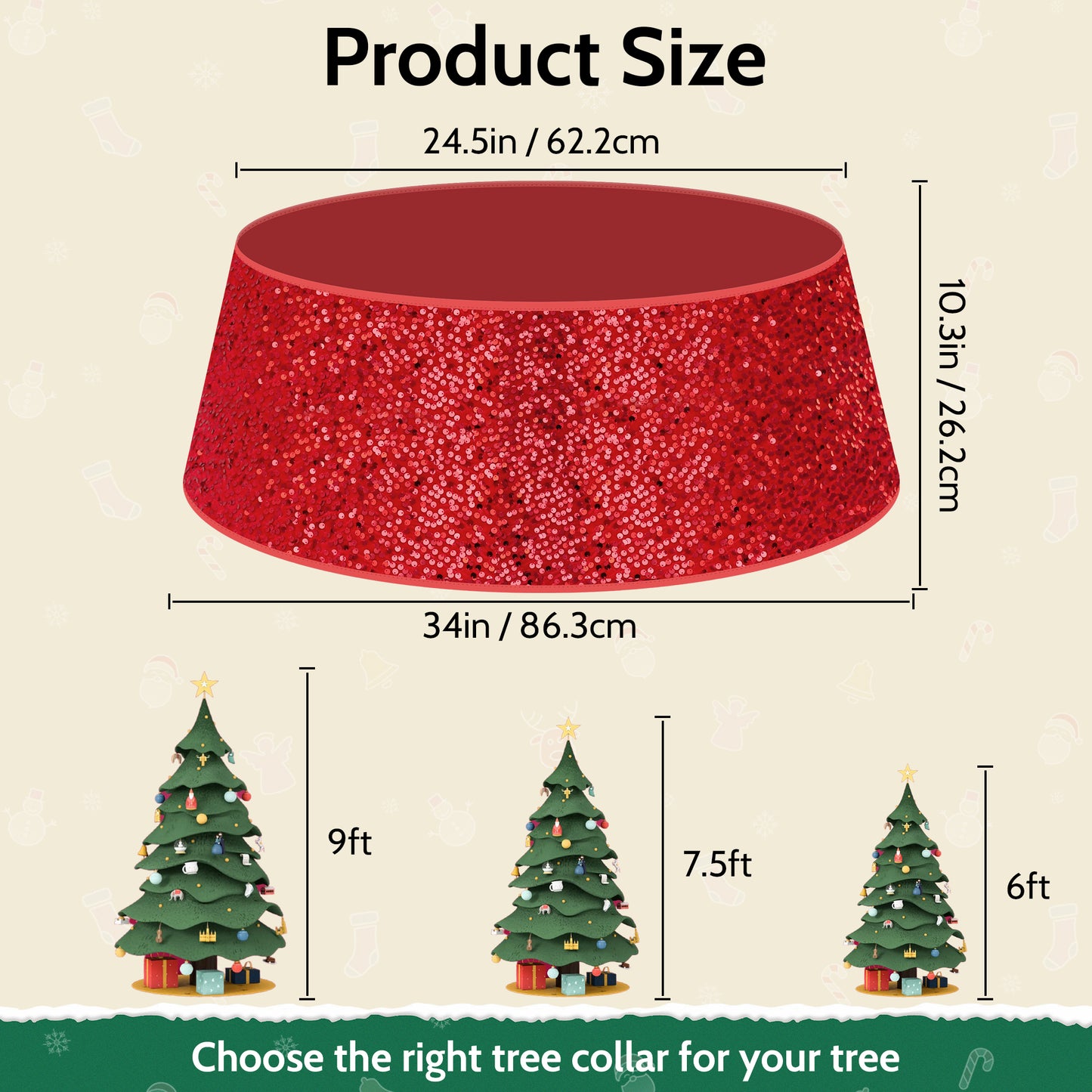 34" Sequin Christmas Tree Collar,Tree Bottom Base,Foldable Bottom Decoration for Christmas Holiday,Red
