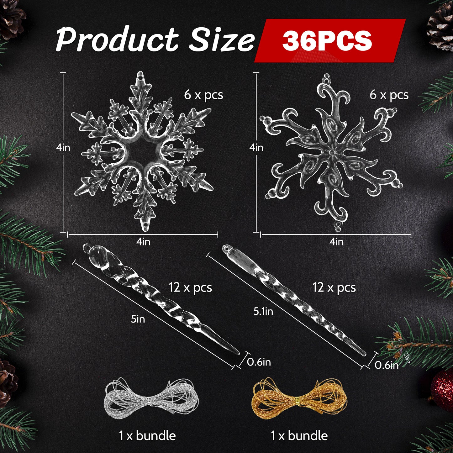 36 Pcs Christmas Tree Crystal Ornaments, Hanging Acrylic Navidad Snowflake Icicle Pendant Crystal Decorations for Holiday Decor, New Year Party