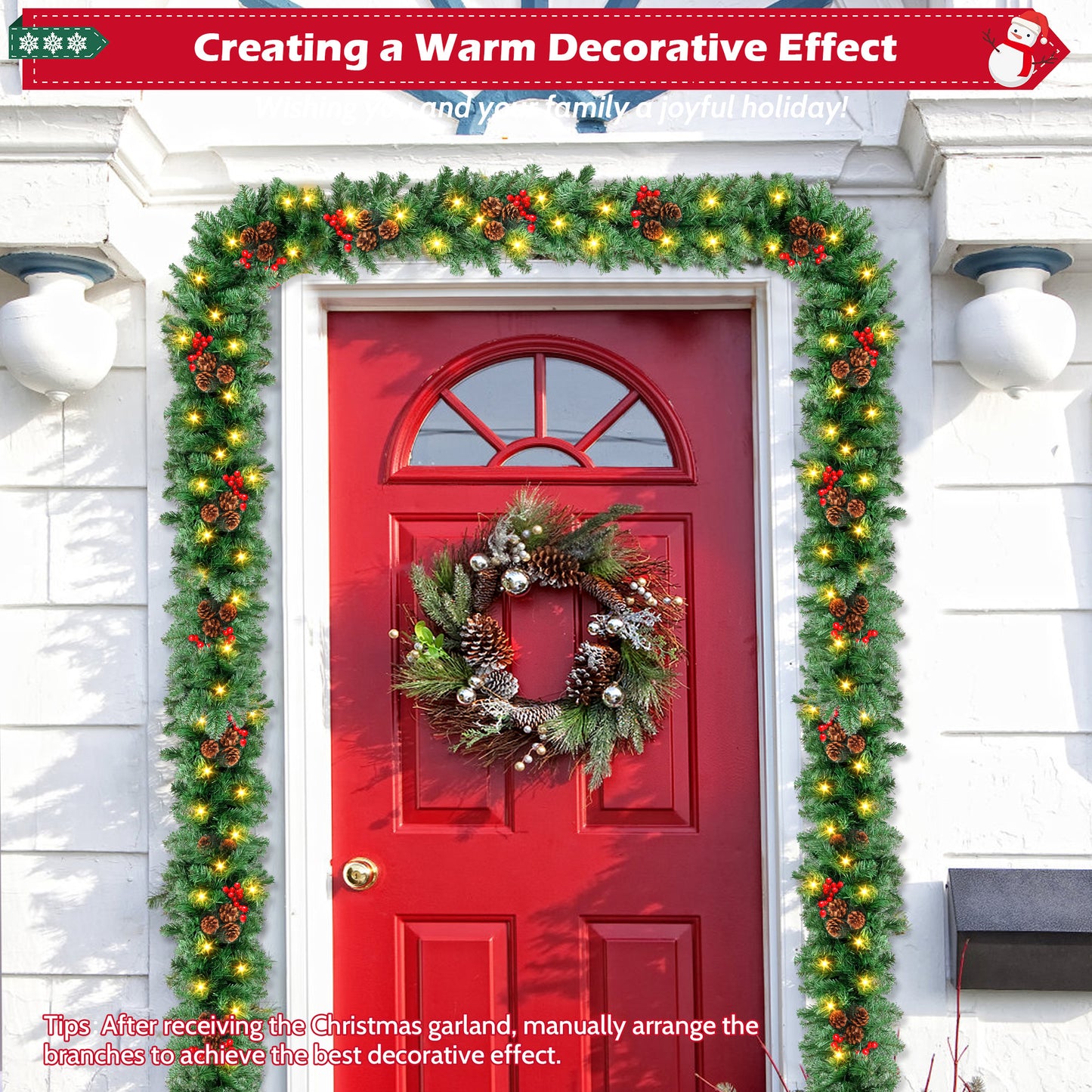 9ft Large Christmas Garland, Multi-Purpose Xmas Wreath with 60 LED Lights, Decorated with Pinecones, Berry Clusters, Battery Operated