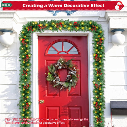 9ft Large Christmas Garland, Multi-Purpose Xmas Wreath with 60 LED Lights, Decorated with Pinecones, Berry Clusters, Battery Operated