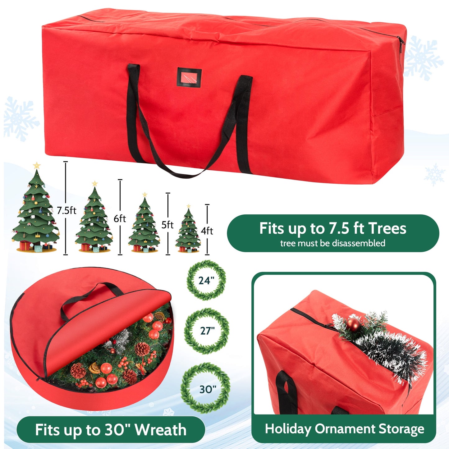 3 Pack Large Christmas Tree Storage Bag,Fits up to 7.5 ft Artificial Trees,Christmas Wreath Garland Storage Bag,Christmas Ornament Storage Box,Reinforced Handles & Zipper,Red