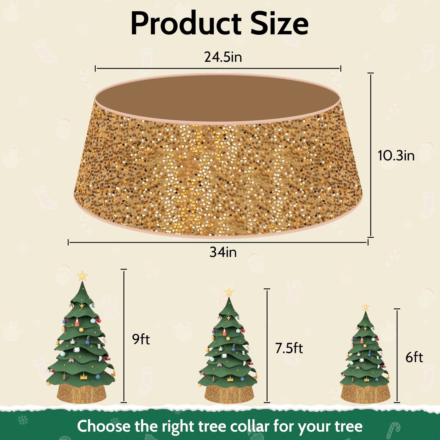 34" Sequin Christmas Tree Collar,Tree Bottom Base,Foldable Bottom Decoration for Christmas Holiday,Gold