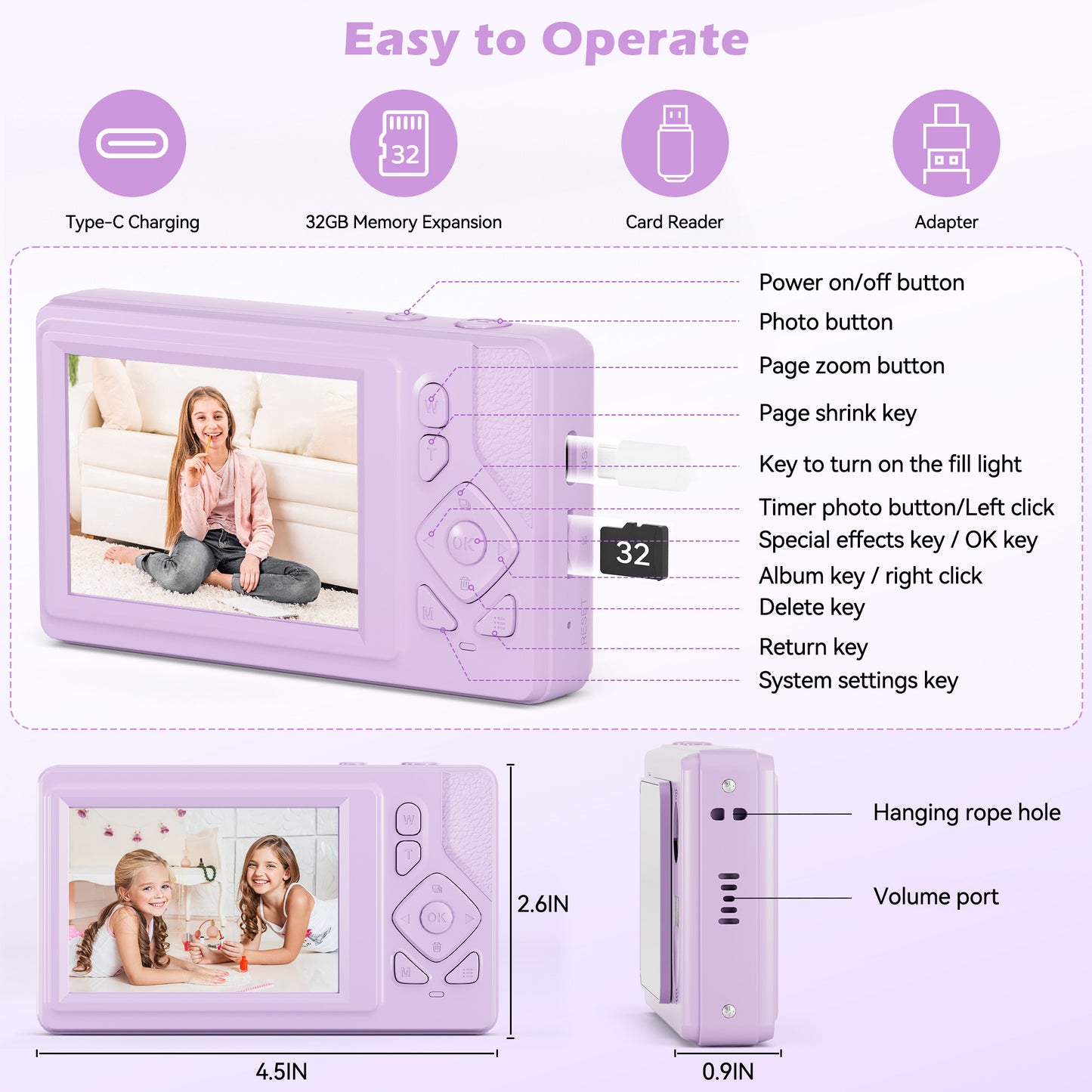 Lookfly Digital Camera,FHD 1080P Point and Shoot Kids Camera，Camera for Photography with 32GB Card ,18X Zoom Anti Shake,48MP,Compact Small Digital Camera for Boys Girls Kids,Purple