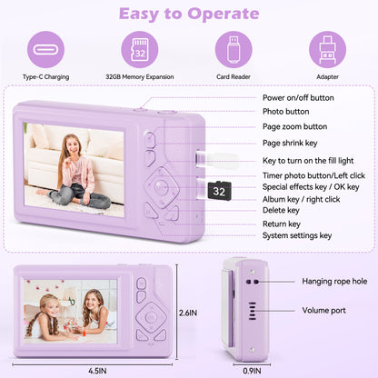 Lookfly Digital Camera,FHD 1080P Point and Shoot Kids Camera，Camera for Photography with 32GB Card ,18X Zoom Anti Shake,48MP,Compact Small Digital Camera for Boys Girls Kids,Purple