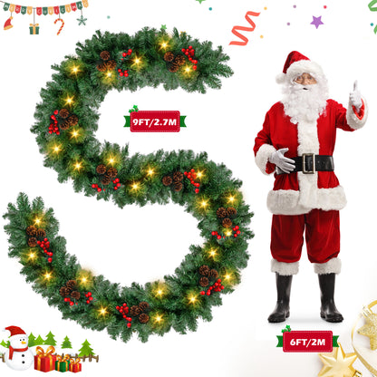 9ft Large Christmas Garland, Multi-Purpose Xmas Wreath with 60 LED Lights, Decorated with Pinecones, Berry Clusters, Battery Operated