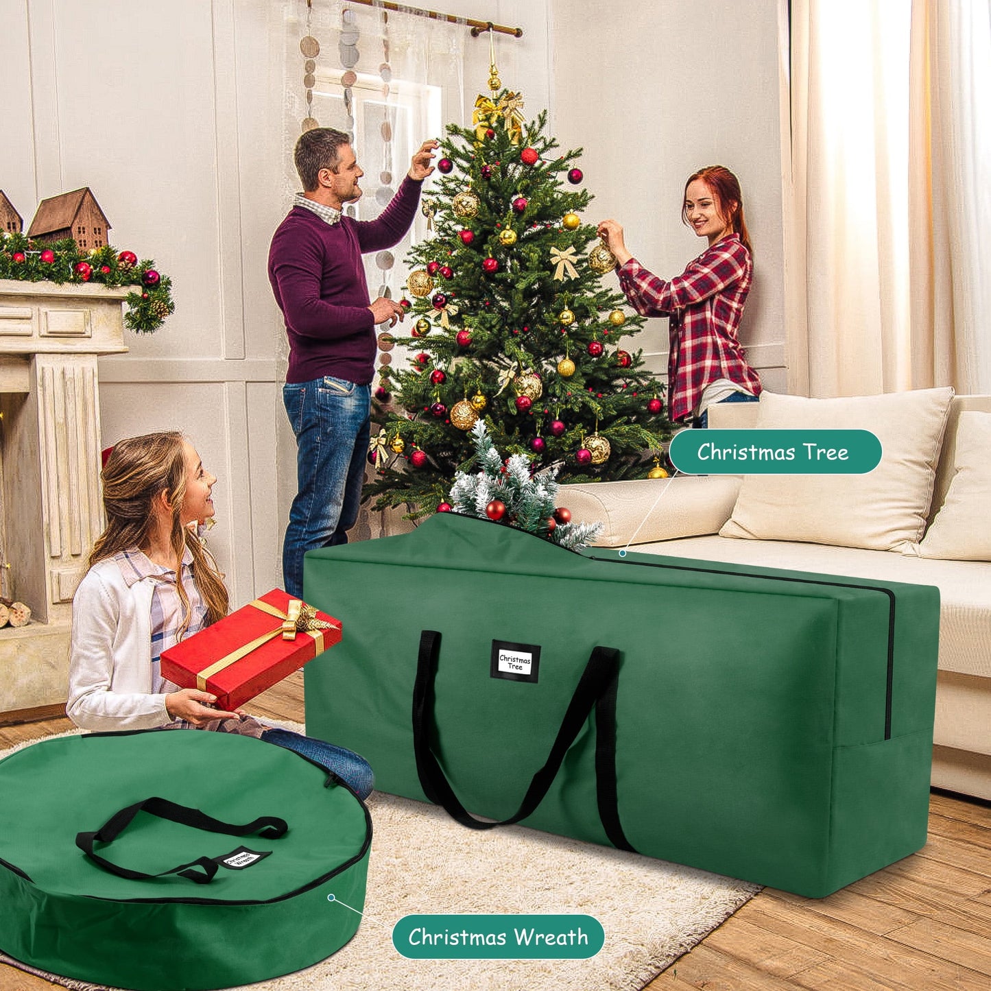 3 Pack Large Christmas Tree Storage Bag,Fits UP to 7.5 ft Artificial Trees,Christmas Wreath Garland Storage Bag,Christmas Ornament Storage Box,Reinforced Handles & Zipper,Green