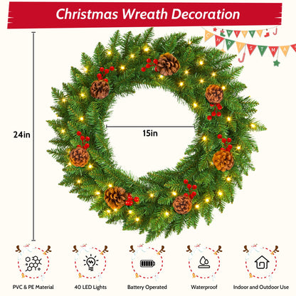 Christmas Wreath, 24" Christmas Wreath for Front Door,Outdoor Christmas Wreath,Battery Powered Christmas Decorations with Lights & Ornament