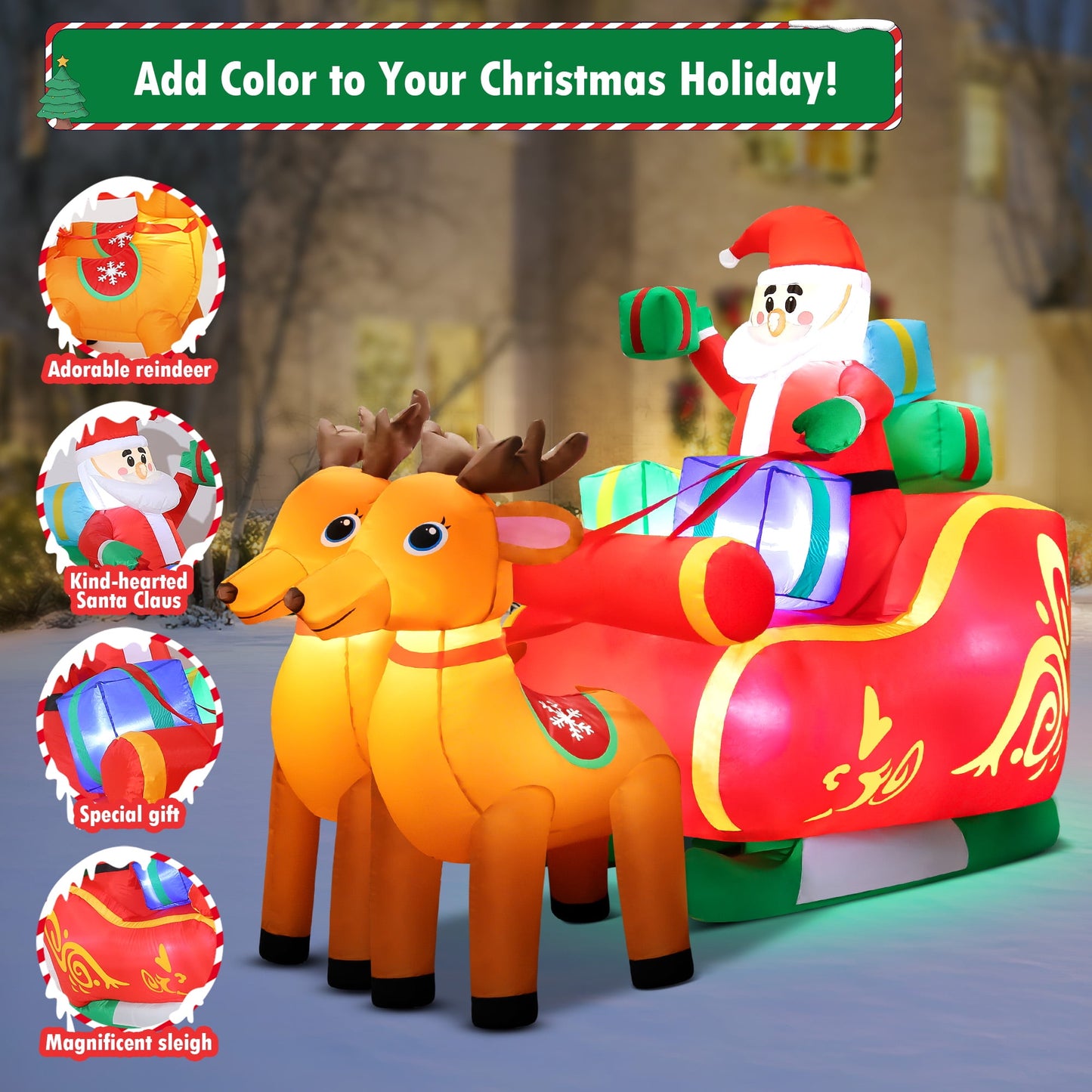 6.3FT Long Christmas Inflatable Santa Claus on Sleigh with Reindeer and Gift Boxes LED Lighted Blow up Outdoor Yard Decoration for Holiday/Christmas/Party/Yard/Garden