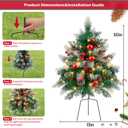 2PCS Small Outdoor Christmas Trees with LED Lights,30" Artificial Xmas Decora for Porch,Yard,Pathway,Garden,PVC