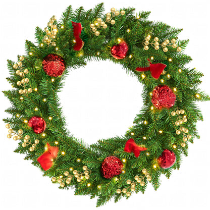Christmas Wreath, 24" Christmas Wreath for Front Door,Outdoor Christmas Wreath,Battery Powered Christmas Decorations with Lights & Ornament