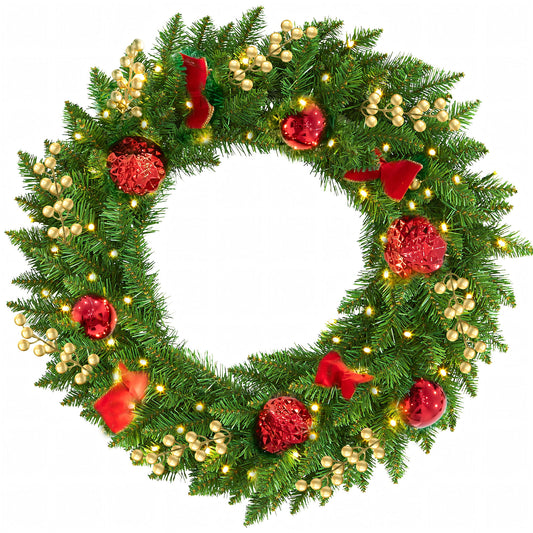 Christmas Wreath, 24" Christmas Wreath for Front Door,Outdoor Christmas Wreath,Battery Powered Christmas Decorations with Lights & Ornament