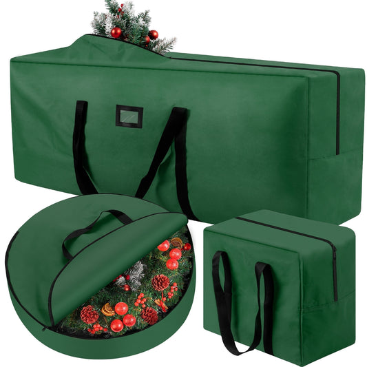 3 Pack Large Christmas Tree Storage Bag,Fits UP to 7.5 ft Artificial Trees,Christmas Wreath Garland Storage Bag,Christmas Ornament Storage Box,Reinforced Handles & Zipper,Green