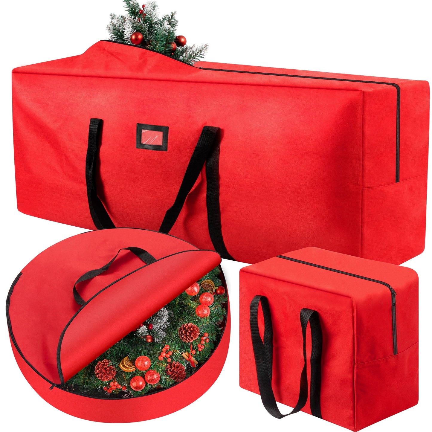3 Pack Large Christmas Tree Storage Bag,Fits up to 7.5 ft Artificial Trees,Christmas Wreath Garland Storage Bag,Christmas Ornament Storage Box,Reinforced Handles & Zipper,Red