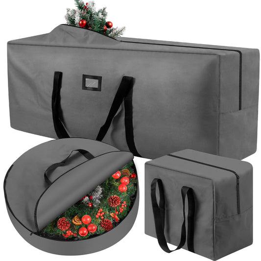 3 Pack Large Christmas Tree Storage Bag,Fits UP to 7.5 ft Artificial Trees,Christmas Wreath Garland Storage Bag,Christmas Ornament Storage Box,Reinforced Handles & Zipper,Gray
