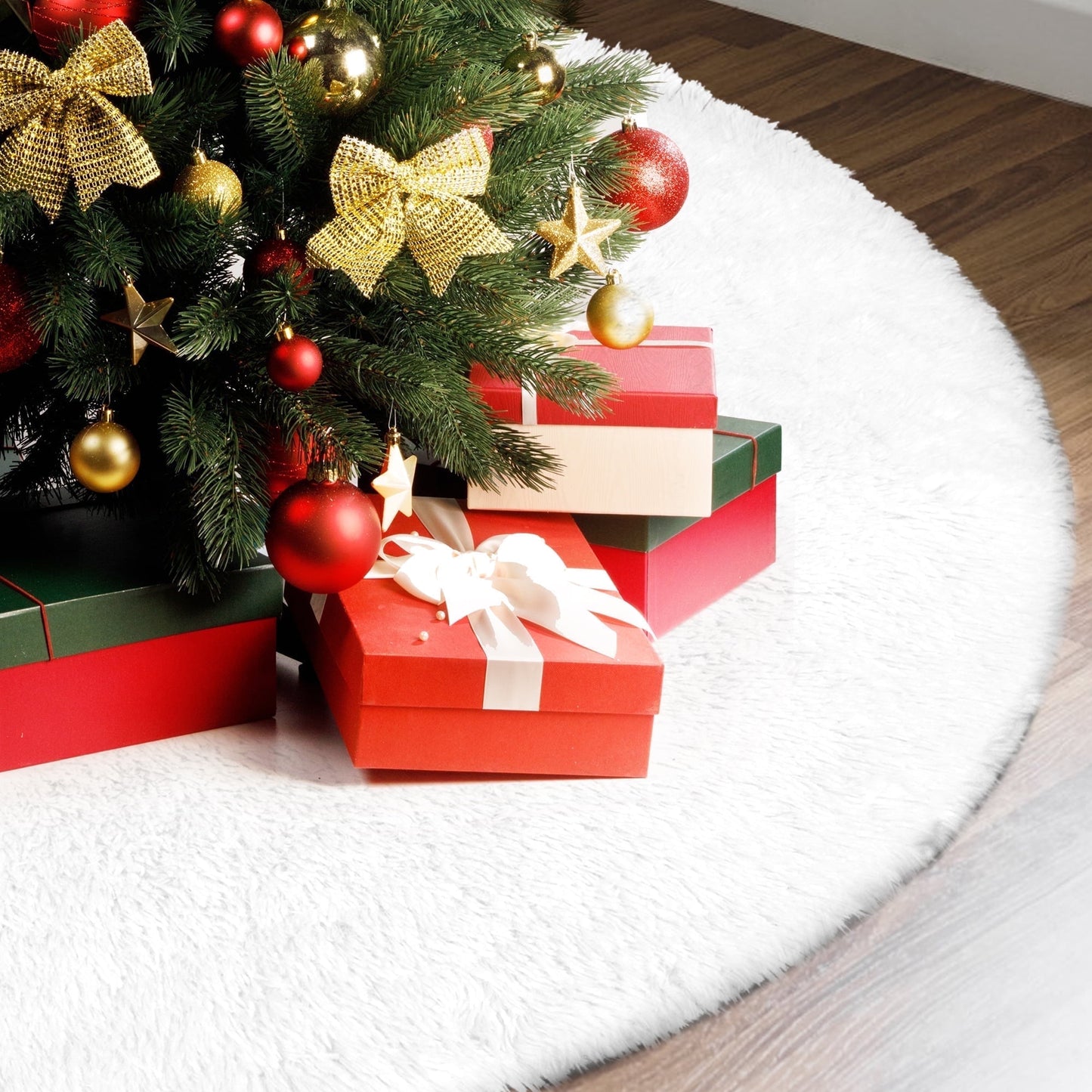 48" Plush Christmas Tree Skirt, White Xmas Tree Mat Decor, for Navidad Holiday Decor