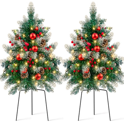 2PCS Small Outdoor Christmas Trees with LED Lights,30" Artificial Xmas Decora for Porch,Yard,Pathway,Garden,PVC