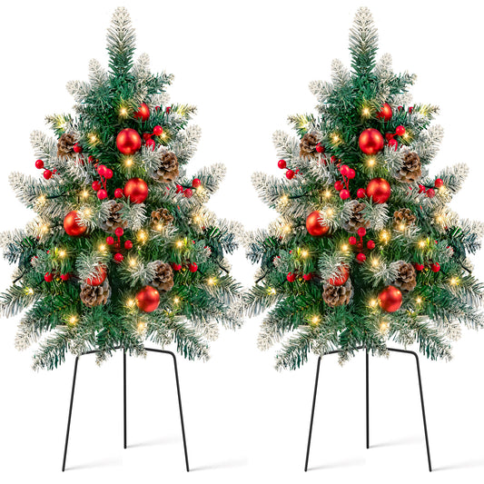 2PCS Small Outdoor Christmas Trees with LED Lights,30" Artificial Xmas Decora for Porch,Yard,Pathway,Garden,PVC
