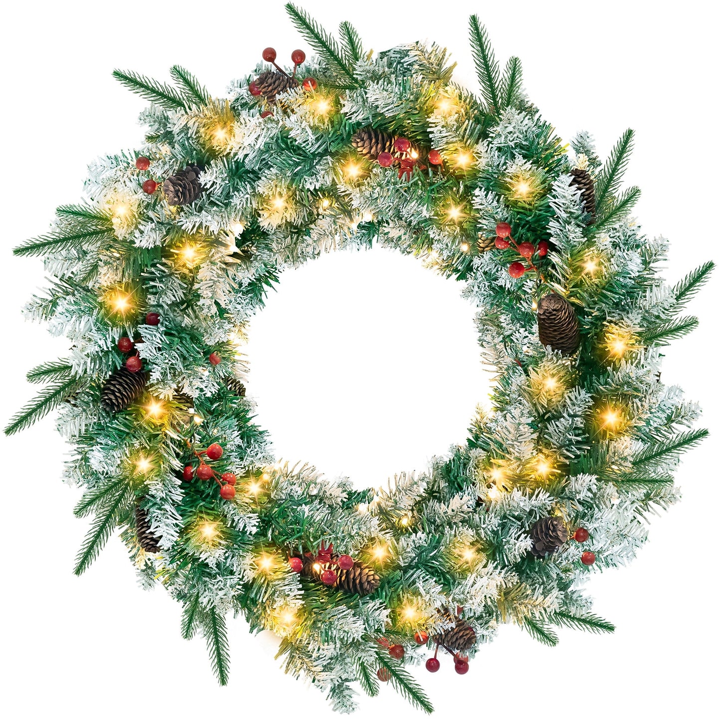 Christmas Wreath, 24" Christmas Wreath for Front Door,Outdoor Christmas Wreath,Battery Powered Christmas Decorations with Lights & Ornament