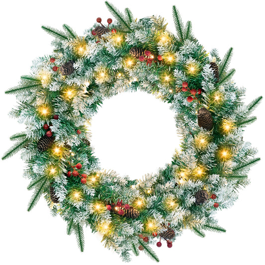Christmas Wreath, 24" Christmas Wreath for Front Door,Outdoor Christmas Wreath,Battery Powered Christmas Decorations with Lights & Ornament
