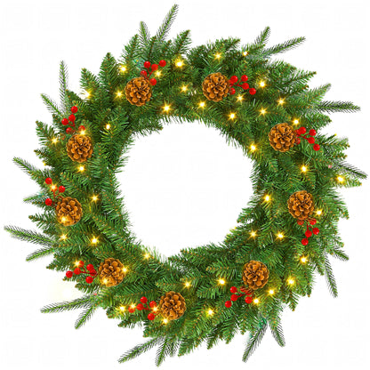 Christmas Wreath, 24" Christmas Wreath for Front Door,Outdoor Christmas Wreath,Battery Powered Christmas Decorations with Lights & Ornament
