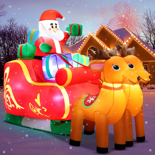 6.3FT Long Christmas Inflatable Santa Claus on Sleigh with Reindeer and Gift Boxes LED Lighted Blow up Outdoor Yard Decoration for Holiday/Christmas/Party/Yard/Garden