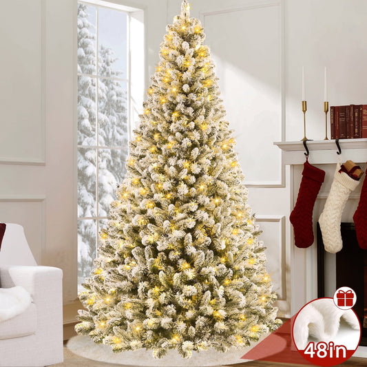 6ft Snow Flocked Christmas Tree, Pre-Lit Artificial White Christmas Tree with 1000 Branch Tips、300 Warm White Lights、48 Inch Faux Fur Christmas Tree Skirt White